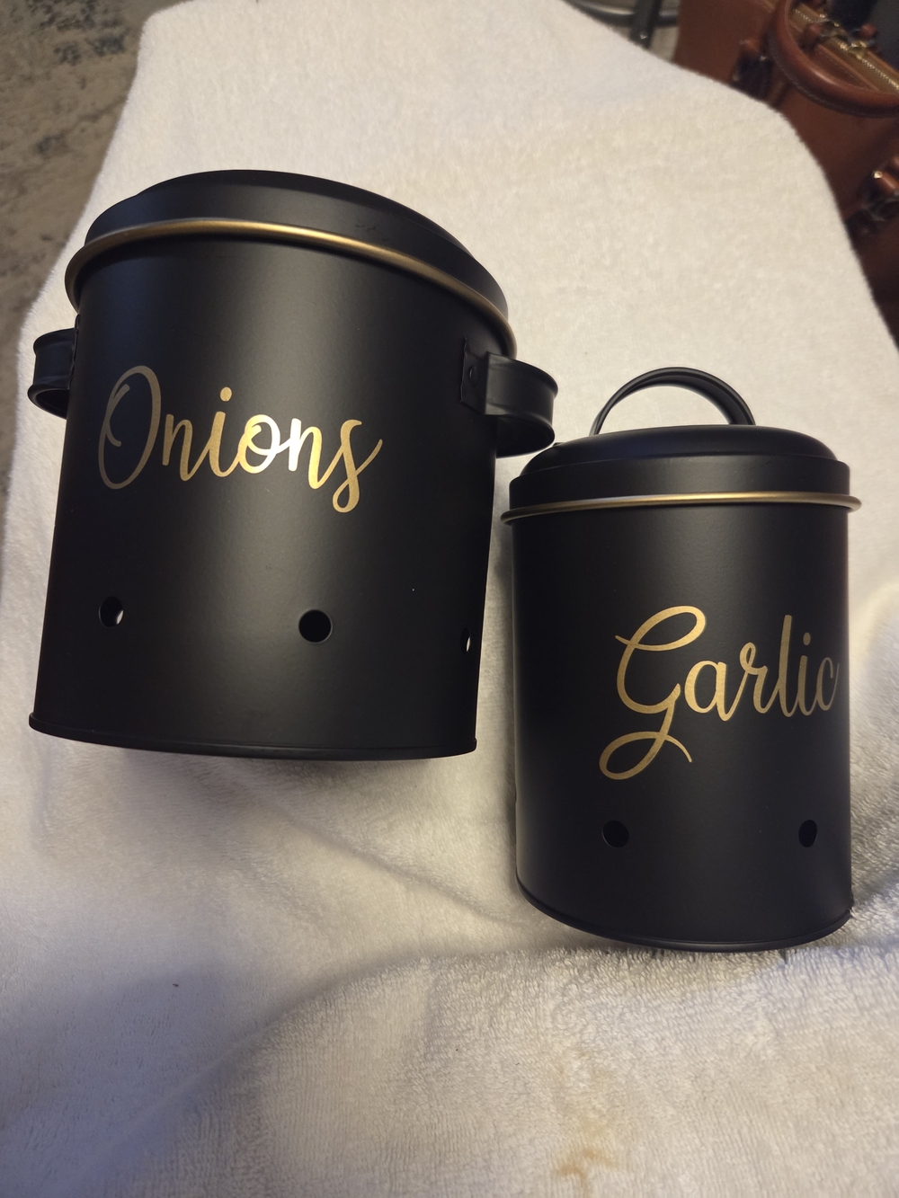 Matte Black Onion & Garlic Storage Canisters with Gold Script